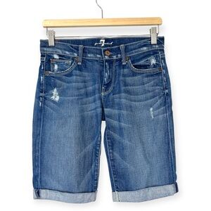 7 For All Mankind Blue Distressed Rolled-Hem Jean Shorts